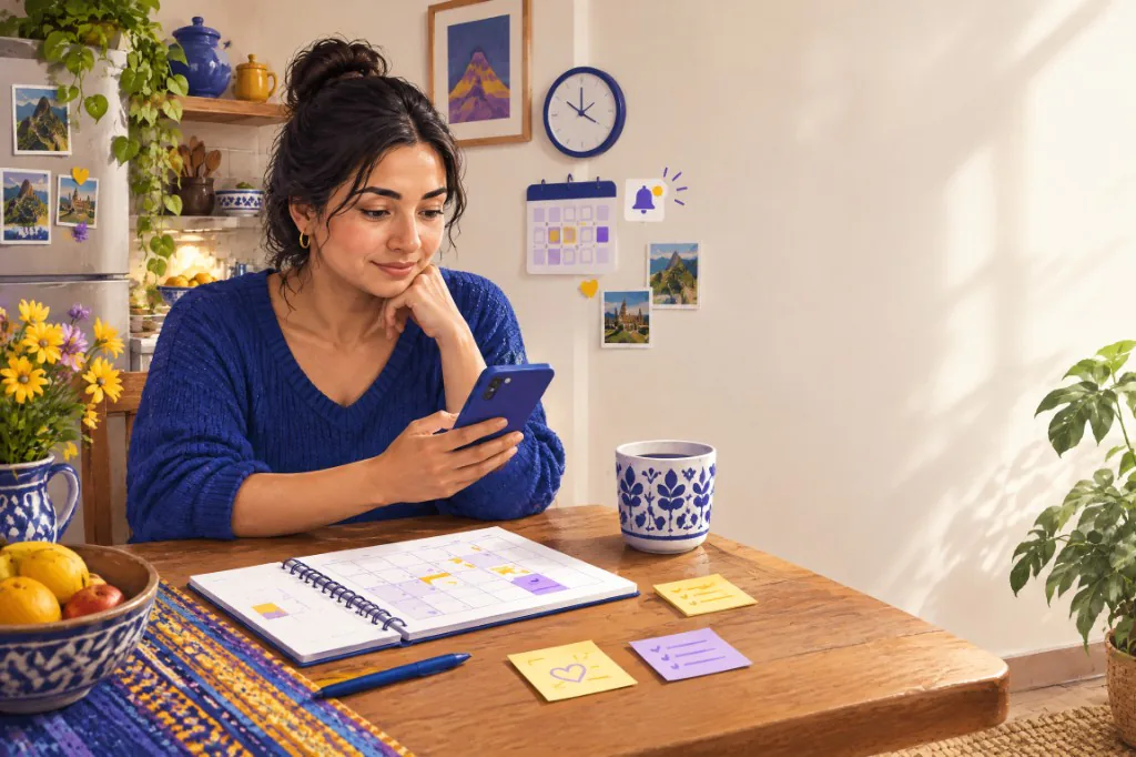 Emprendedora organiza su día en el celular junto a su agenda