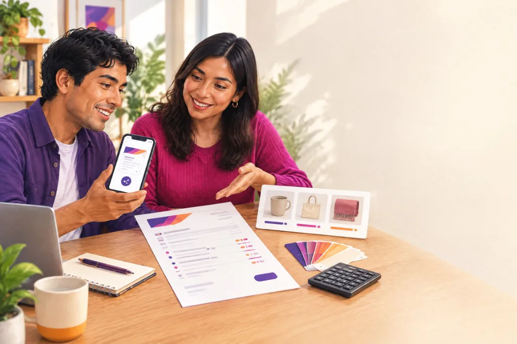 Pareja revisa precios y fotos de su catálogo para cotizar desde el celular